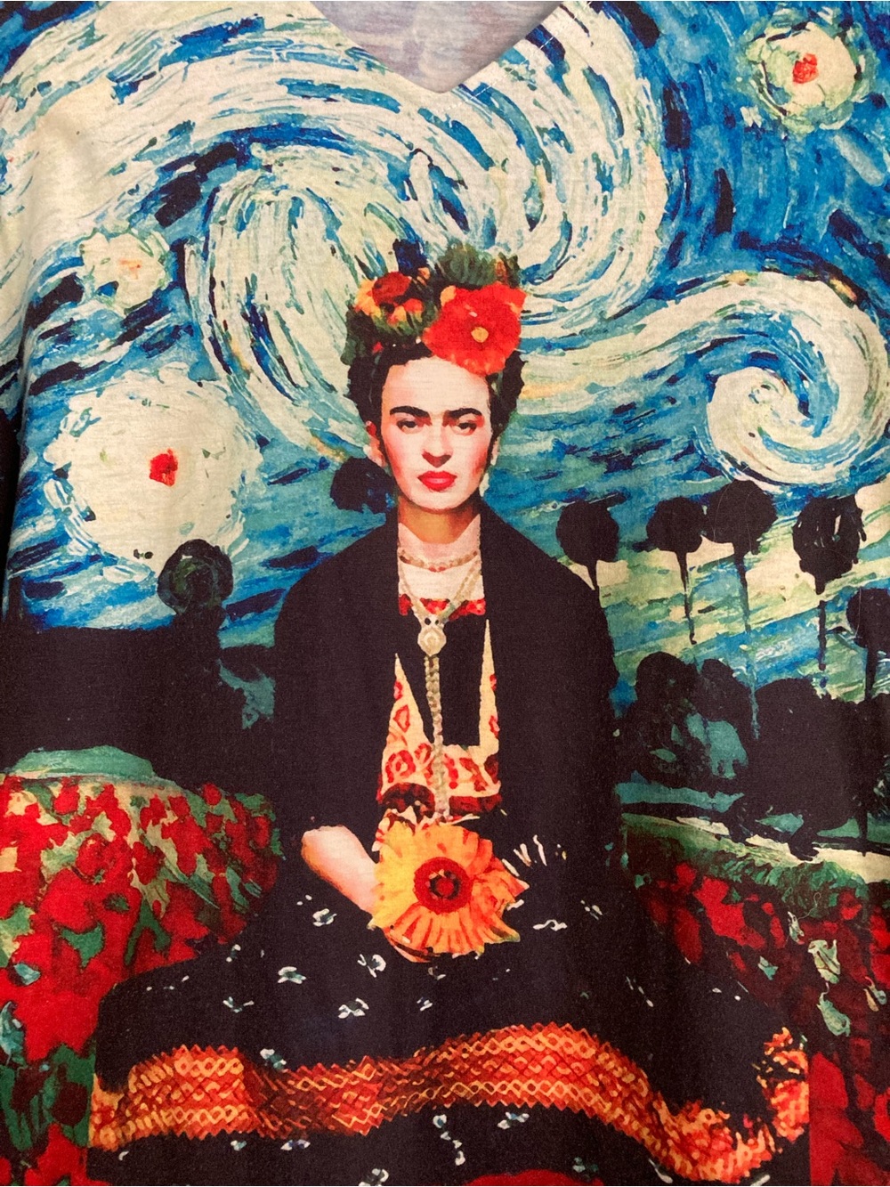 Frida Kahlo and Starry Night V-Neck Women’s T-shirt in Blue and Red - Picture 3 of 7